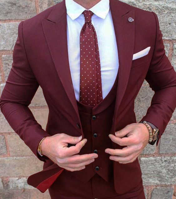 Suit Accessories: Maroon Suit with White Pocket Square