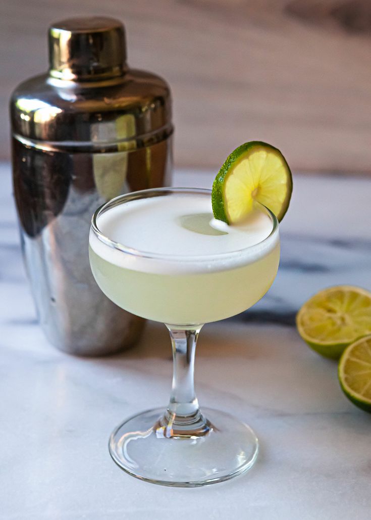 Gin Cocktails: Glass of Gimlet With Lemon Wheel Garnish Next to Shaker