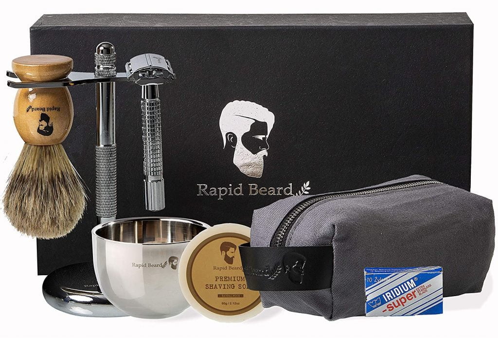 Shaving Kit for Men Wet Shave - Safety Razor with 10 blades, Shaving Badger Hair Brush, Sandalwood Shaving Soap Cream, Shaving Stand, Stainless Steel Bowl Mug, Canvas Dopp Kit - Gift Set