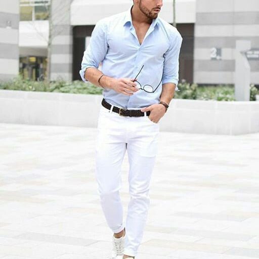 White Jeans Paired with Shirt and White Sneakers Outfit