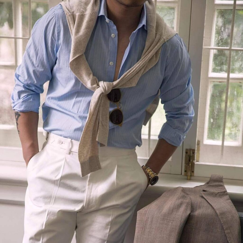 Man Outfit Ideas: Old Money Aesthetics Including Light Blue Shirt and White Pants