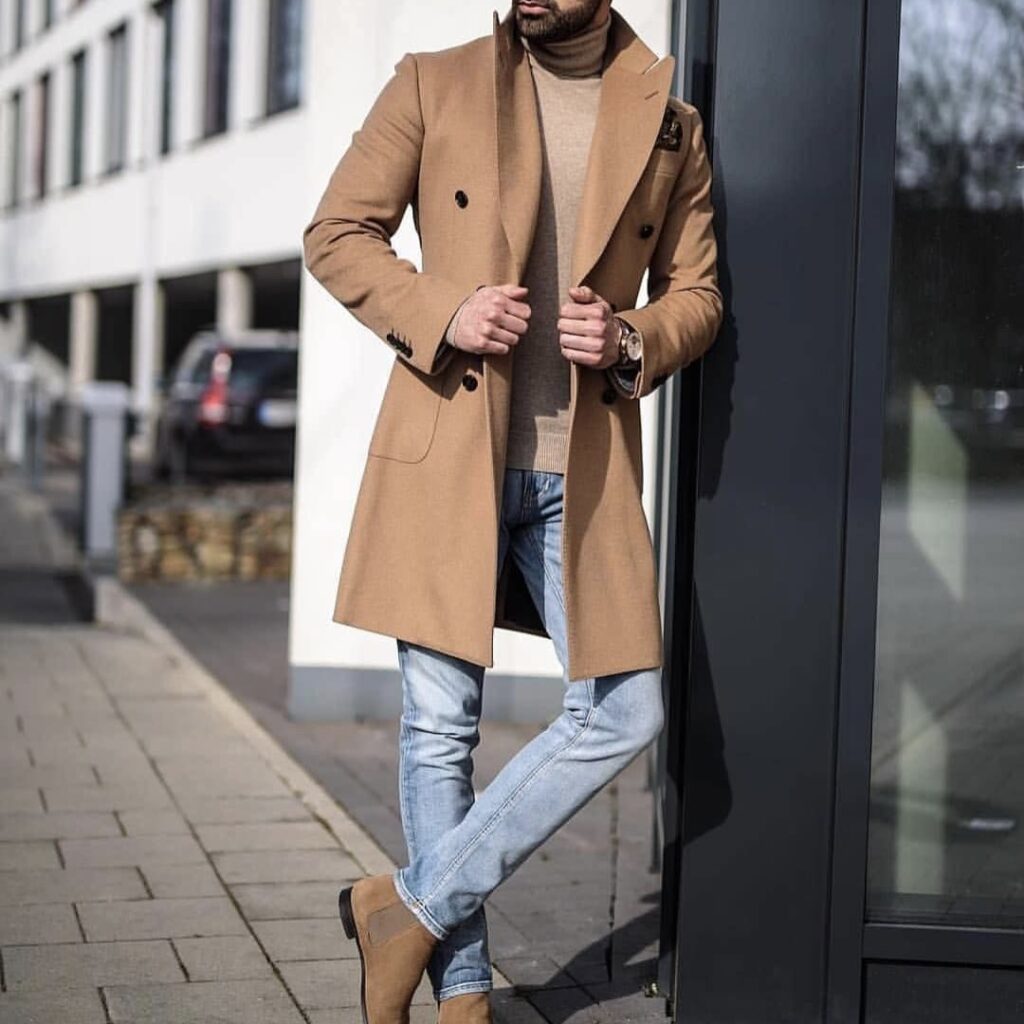 First Date Outfit for Men: Camel Hair Coat and Jeans