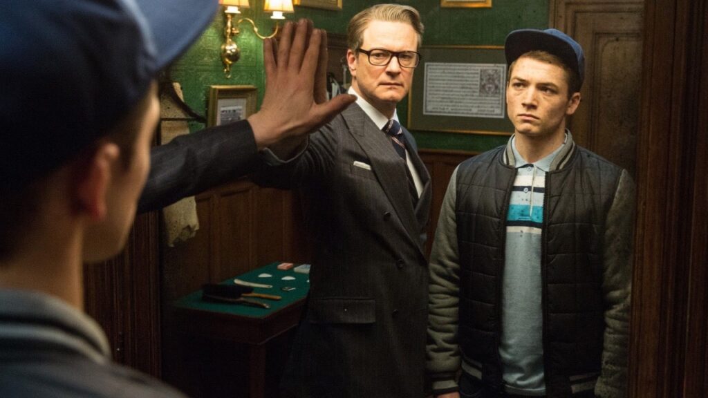 Colin Firth and Taron Egerton in Kingsman: Secret Service