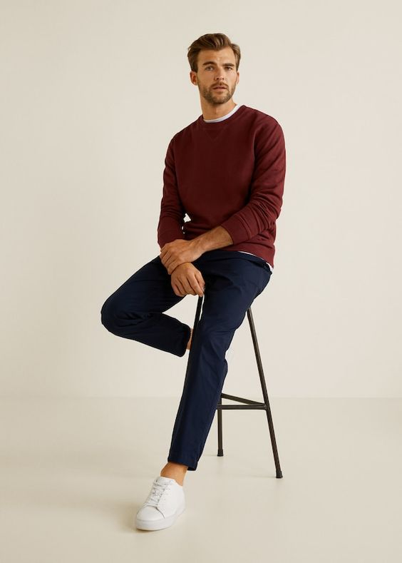 Men's Fall Fashion Guide: Burgundy Sweater Navy Pants White Sneakers Outfit