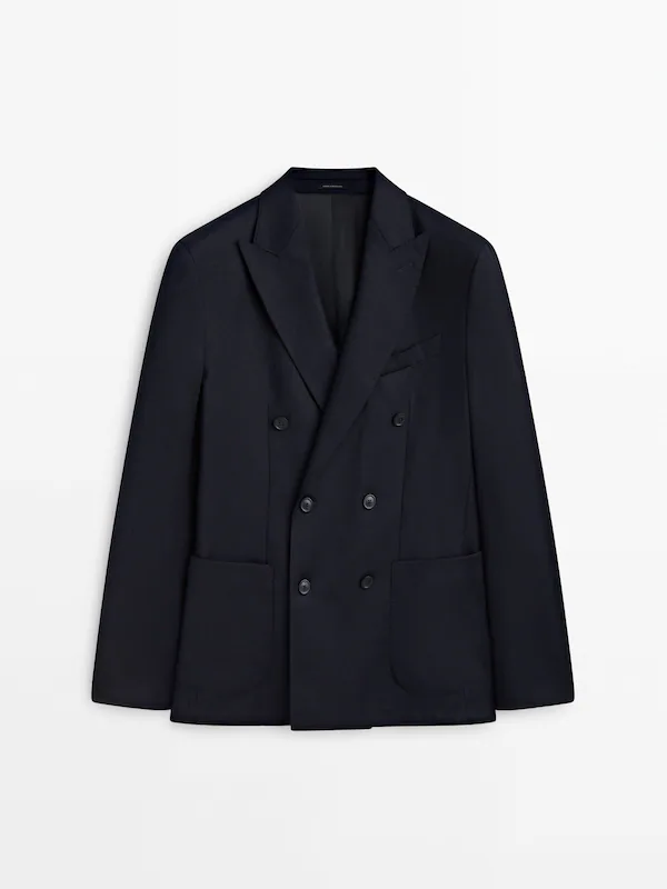 Massimo Dutti Wool Double Breasted Navy Blue Suit Jacket