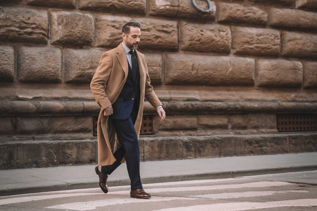 Man Wearing a Camel Overcoat with Suit and Brown Leather Shoes Outfit