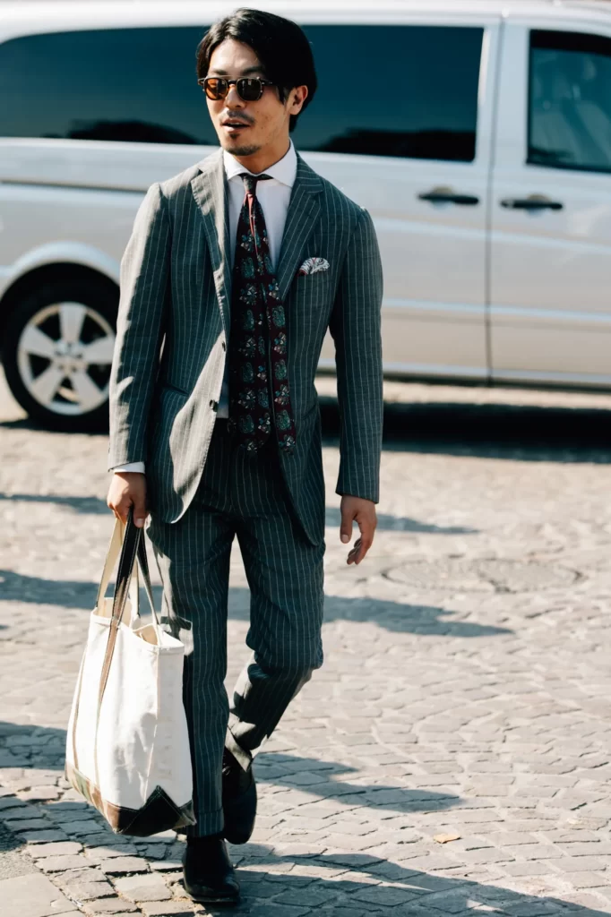 Pinstripes Suit with a Tote Bag