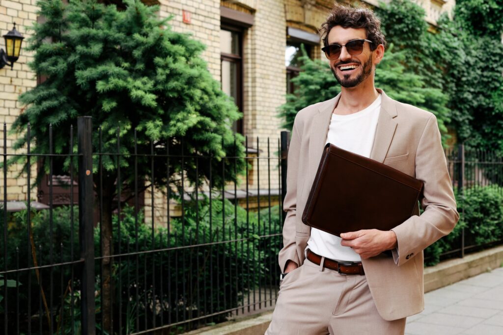 Tan Suit and Brown Leather Folio